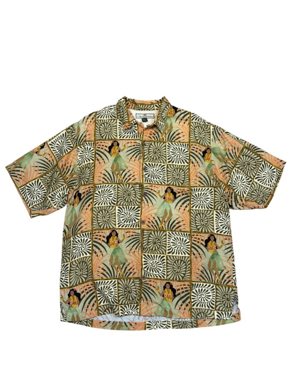 Tommy Bahama Hawaiian Dancing Hula Girl Silk Camp Shirt Mens Medium Rare Yellow